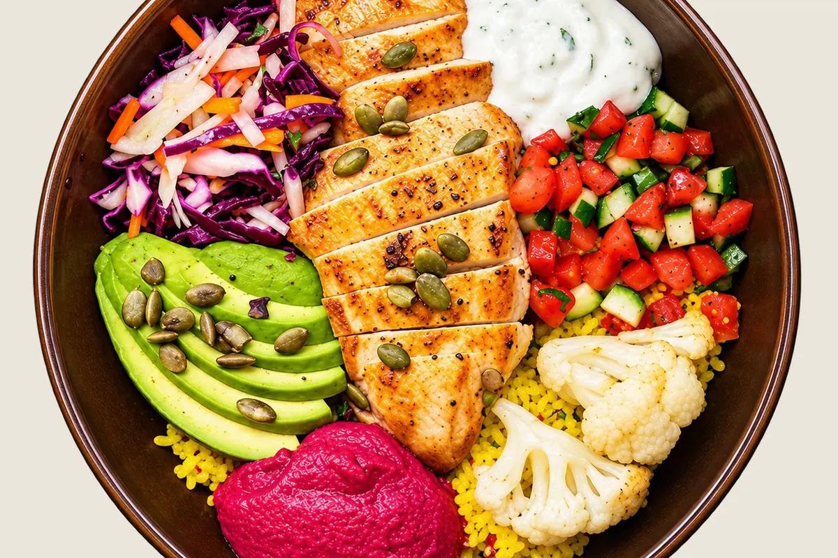 A bowl of grilled chicken with avocado, beetroot hummus, slaw, yoghurt sauce and a tomato salad on couscous