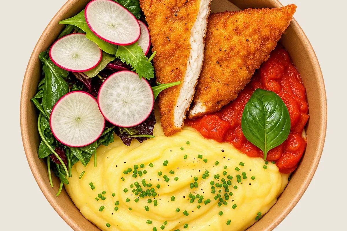 A bowl with a breaded chicken cutlet, mashed potato, tomato sauce and a radish salad