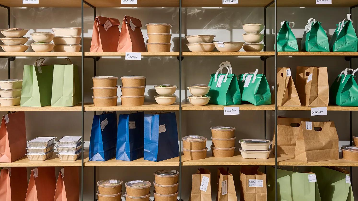 A wall of shelves with packed lunches in paper bags, bowls and foil trays, each one labelled
