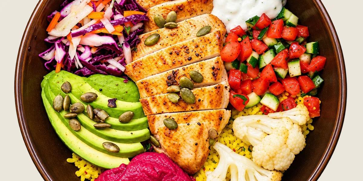 A bowl of grilled chicken with avocado, beetroot hummus, slaw, yoghurt sauce and a tomato salad on couscous