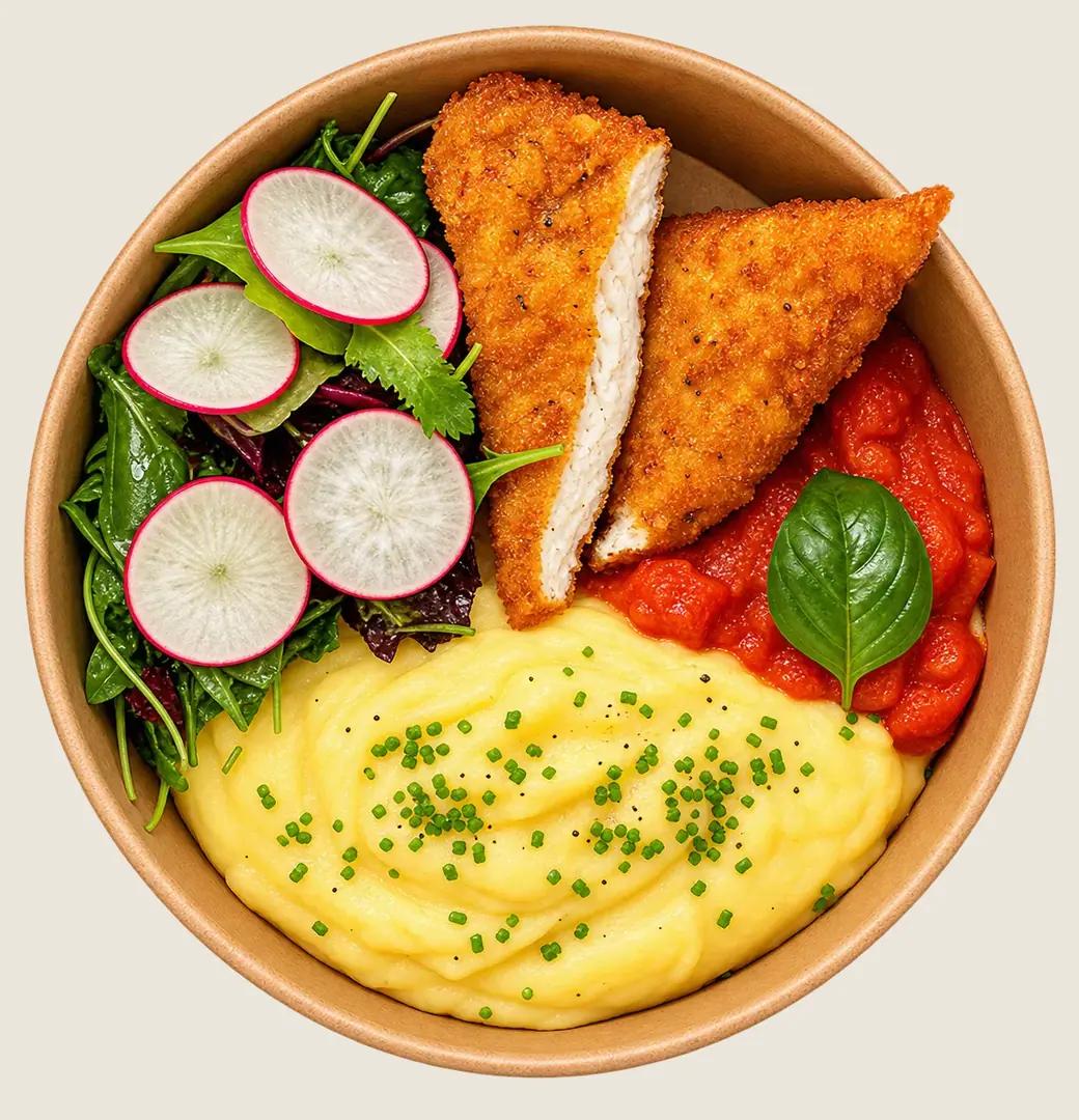 A bowl with a breaded chicken cutlet, mashed potato, tomato sauce and a radish salad