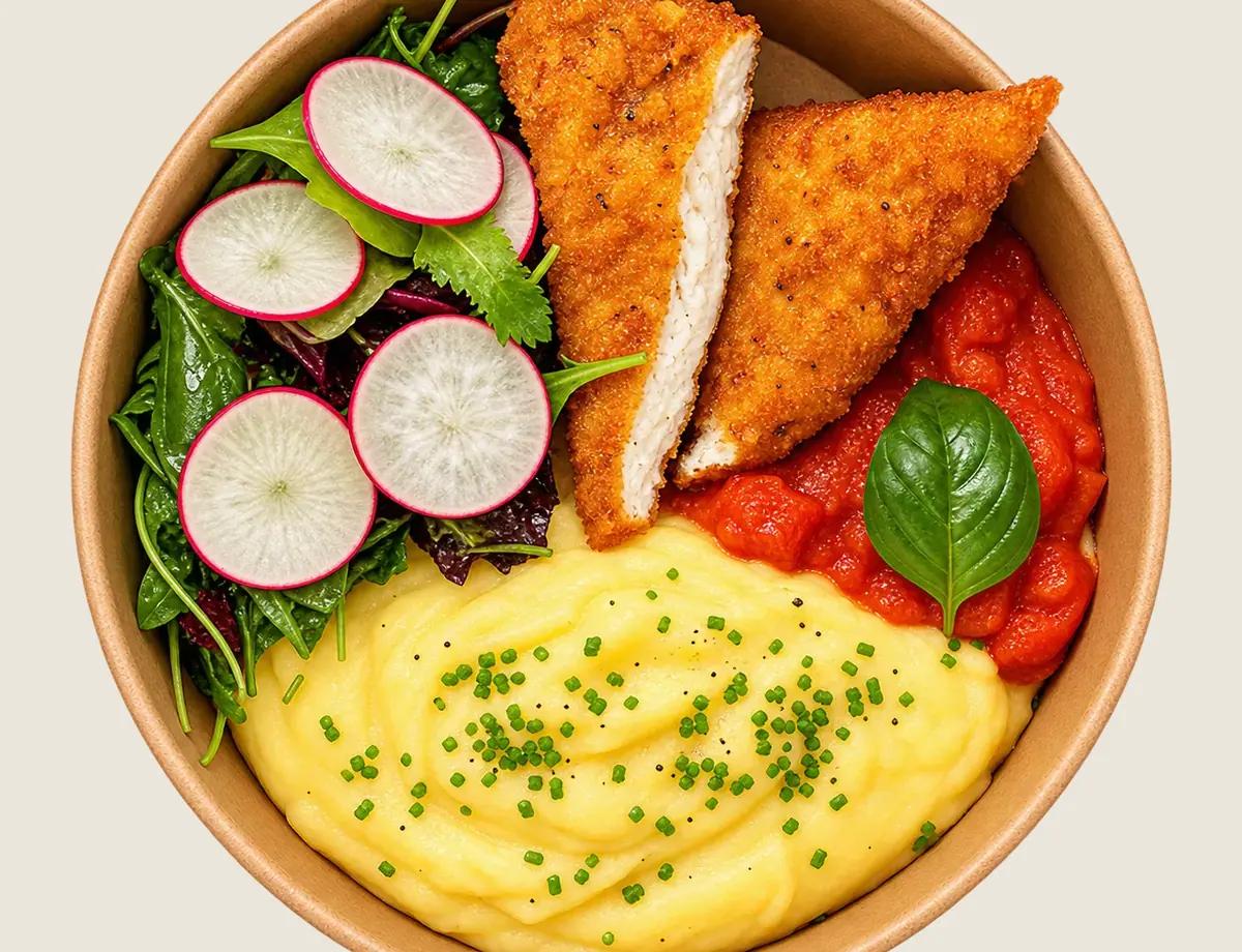 A bowl with a breaded chicken cutlet, mashed potato, tomato sauce and a radish salad